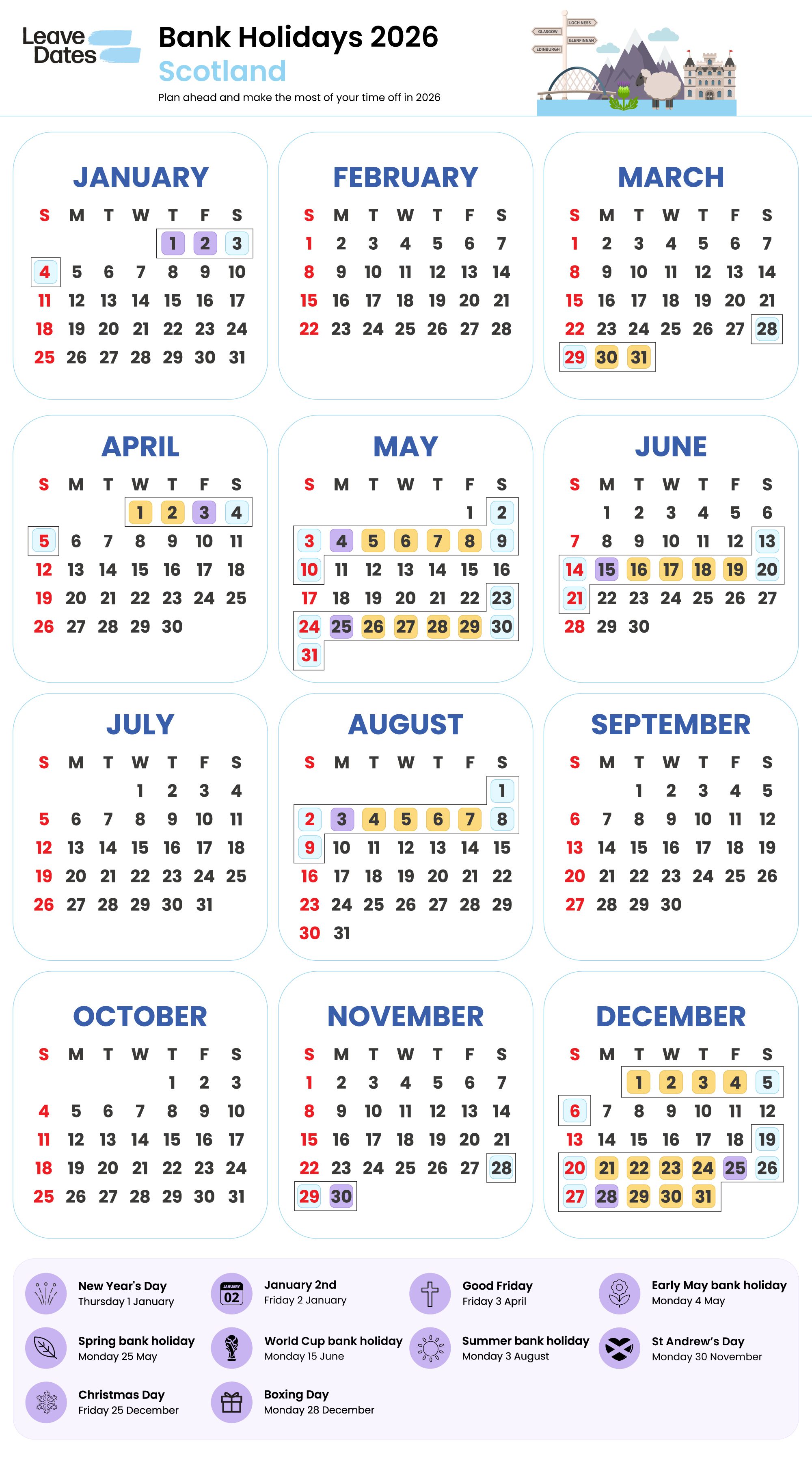 Calendar showing how to maximise leave in Scotland for 2026
