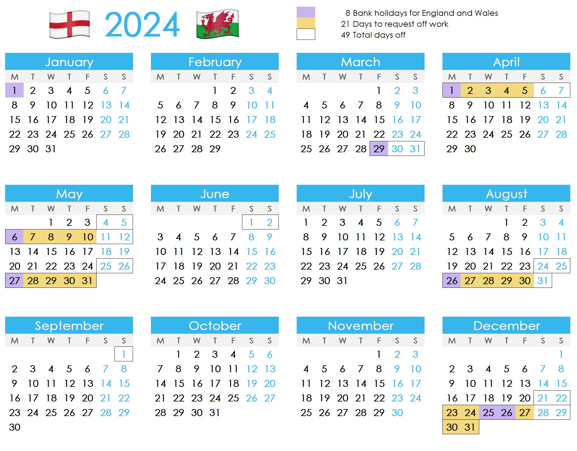 Calendar showing how to maximise annual leave in 2024 for uk england wales