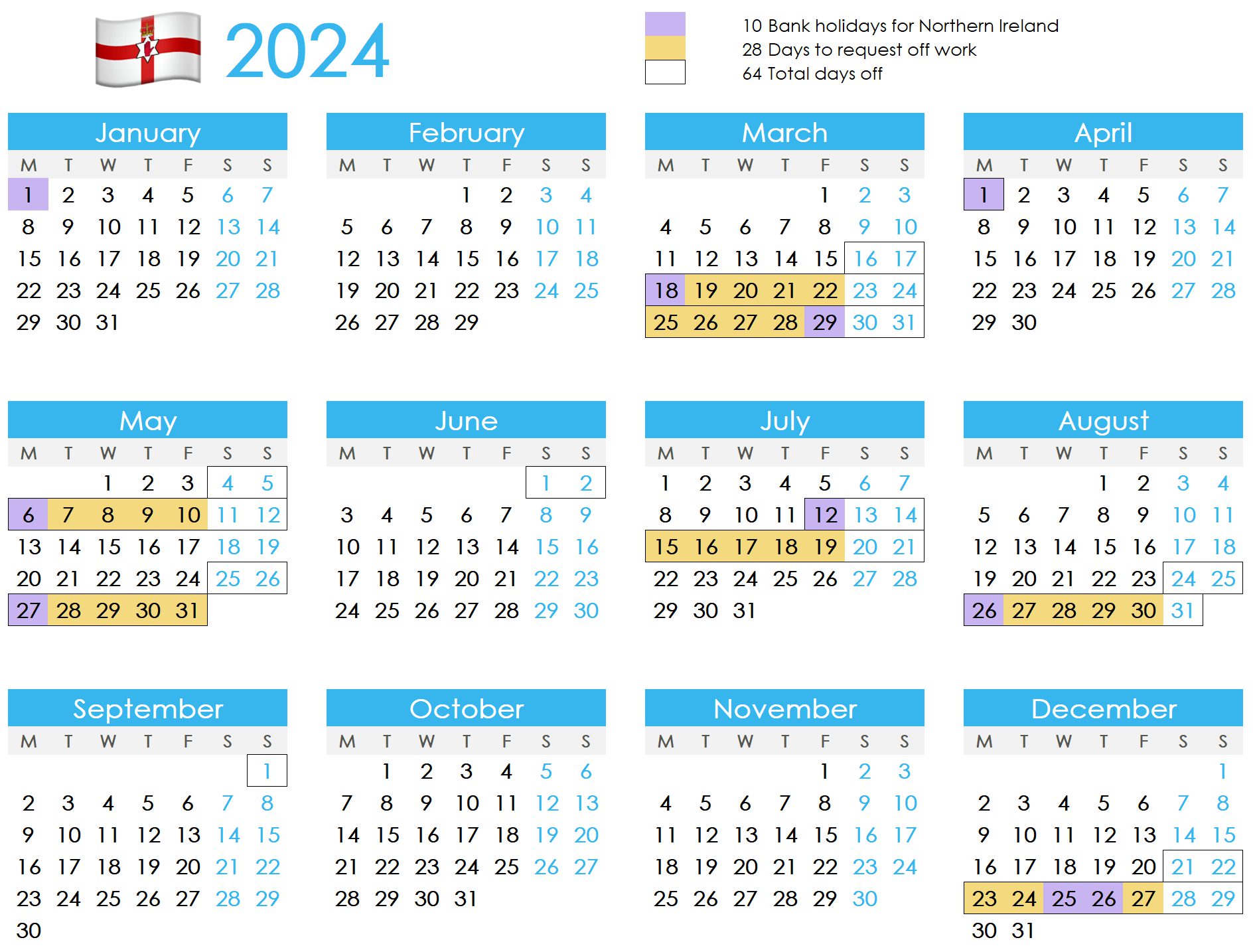 Calendar showing how to maximise annual leave in 2024 for uk northern ireland - NI